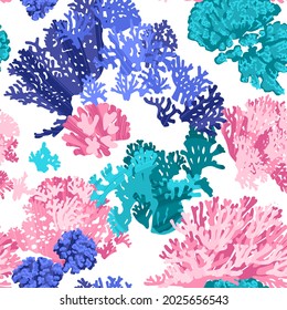 Seamless sea pattern with different corals. Colorful hand drawn tropical undersea life with dry brush texture. Vector illustration in trendy flat style for wallpapers, web, surface textures, textile.