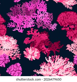 Seamless sea pattern with different corals. Colorful hand drawn tropical undersea life with dry brush texture. Vector illustration in trendy flat style for wallpapers, web, surface textures, textile.
