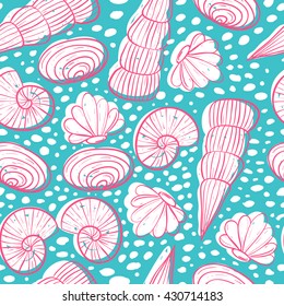 Seamless sea pattern with different shells. Vector illustration