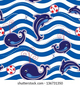 Seamless sea pattern with dolphins, whales and buttons on stripe background.