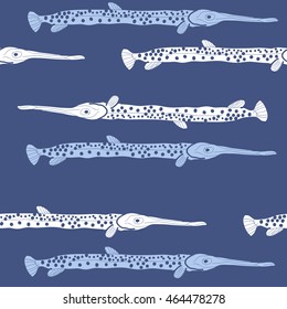 Seamless sea pattern, ellipses, hole,  spots,fishes, doodles . Hand drawn.
