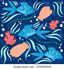 Nahtloses Meer Muster mit Fisch, Korallen und Muscheln im Cartoon-Stil.