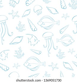Seamless sea pattern with fish, starfishes, seashells, corals . Doodle drawing on white background. Vintage style. Vector illustration in sketch style for print on textile, wallpapers.	