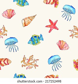 Seamless sea pattern. Fishes and shells background. Sea life. 