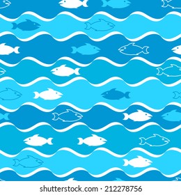 Seamless sea pattern with fishes and waves