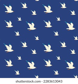 Patrón marino sin mar con aves acuáticas voladoras - gaviotas marinas sobre fondo azul. Fondo de verano vectorial en estilo retro, adecuado para papel de pared, papel de envoltura, tela, diseño de viaje