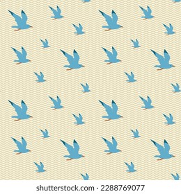 Seamless sea pattern with flying nautical birds - marine seagulls on a light backdrop with waves. Vector summer background in retro style, suitable for wallpaper, wrapping paper, fabric, travel design