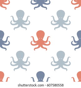 Seamless sea pattern with funny octopuses for scandinavian interior. Summer marina background. Stock vector.