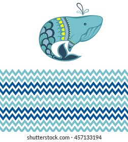 Seamless sea pattern with funny whale. Summer marina background. Stock vector.