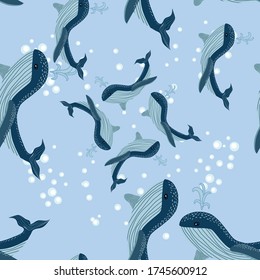 Seamless sea pattern with funny whales. Summer marina background.