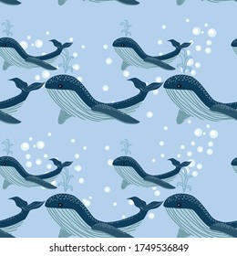 Seamless sea pattern with funny whales. Summer marina background.