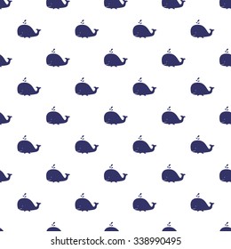 Seamless sea pattern with funny whales. Summer marina background. Stock vector.