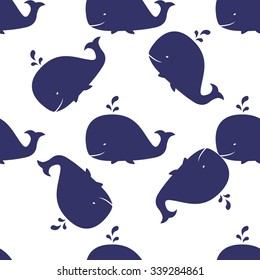 Seamless sea pattern with funny whales. Summer marina background. Stock vector.