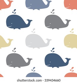 Seamless sea pattern with funny whales. Summer marina background. Stock vector.