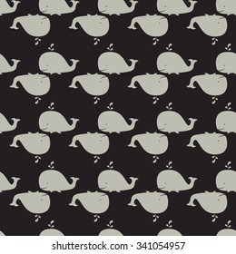 Seamless sea pattern with funny whales. Summer marina background. Stock vector.