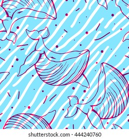 Seamless sea pattern with funny whales. Summer marina background. 