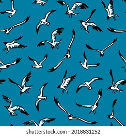 seamless sea pattern gulls: 
black silhouettes on blue background, vector