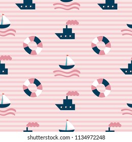 Seamless Sea Pattern with hand drawn boat, lifeboat and strips on background as fabric, textile, clothes. Vector illustration