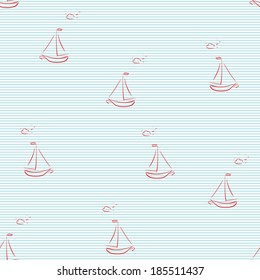 Seamless sea pattern with hand drawn boats and clouds with flying birds on blue stripes, beautiful design for textile, summer fashion fabric, website background, packaging, invitations, greeting cards