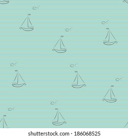 Seamless sea pattern with hand drawn boats and clouds with flying birds on blue stripes, beautiful design for textile, summer fashion fabric, website background, packaging, invitations, greeting cards