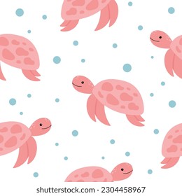 Seamless sea pattern with hand drawn turtle. Sea life vector illustration. Vector colorful childish seamless repeat simple flat pattern with turtle on white background. Cute turtle.