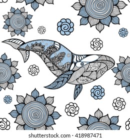 Seamless sea pattern with hand drawn blue whales and wavy ornaments. Repeating whale background. Doodle fish pattern with floral ornaments. Whale seamless pattern. Line art style. Vector illustration