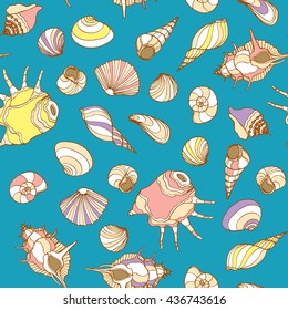 Seamless sea pattern with hand drawn seashells