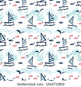 Seamless sea pattern with hand painted gouache ships. Background for greeting cards, invitations, kids decorations. Vector repeating texture. 