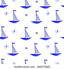Seamless sea pattern with hand painted watercolor ships. Background for greeting cards, invitations, kids  decorations. Vector repeating texture.
