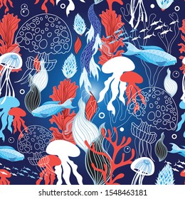 Seamless sea pattern with jellyfish and fish on dark background with algae