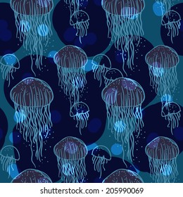 Seamless sea pattern with jellyfish. Tile texture with medusa. Underwater pattern. Editable.