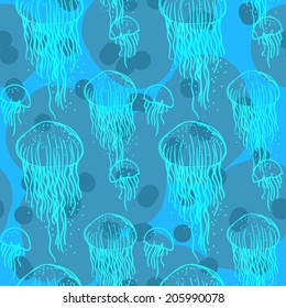 Seamless sea pattern with jellyfish. Tile texture with medusa. Underwater pattern. Editable.