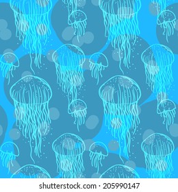Seamless sea pattern with jellyfish. Tile texture with medusa. Underwater pattern. Editable.