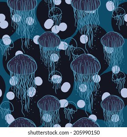 Seamless sea pattern with jellyfish. Tile texture with medusa. Underwater pattern. Editable.