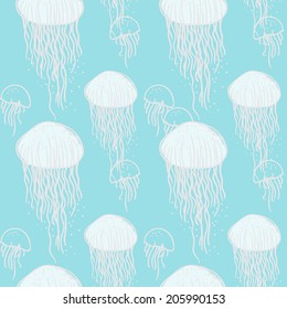 Seamless sea pattern with jellyfish. Tile texture with medusa. Underwater pattern. Editable.