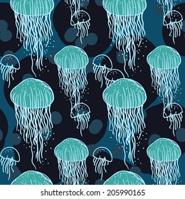 Seamless sea pattern with jellyfish. Tile texture with medusa. Underwater pattern. Editable.