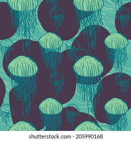 Seamless sea pattern with jellyfish. Tile texture with medusa. Underwater pattern. Editable.
