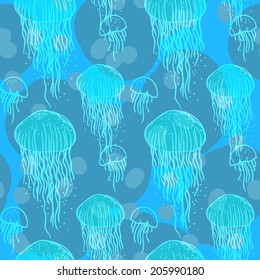 Seamless sea pattern with jellyfish. Tile texture with medusa. Underwater pattern. Editable.