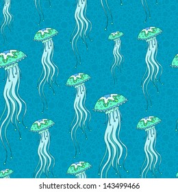 Seamless sea pattern with jellyfishes and bubbles