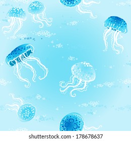 Seamless sea pattern with jellyfishes and bubbles. Light marine life background. It can be used for wallpaper, pattern fills, web page background, surface textures.