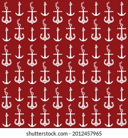 seamless sea pattern large and small anchors: 
white silhouettes on red background, vector