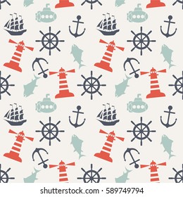 Seamless sea pattern with lighthouse, sailboat, steering wheel,anchor, submarine and fish.