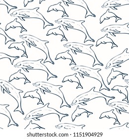 Seamless sea pattern made from hand drawn dolphins. Can be used for scrapbook, wallpaper, fabric print, web pages and fills. Vector illustration