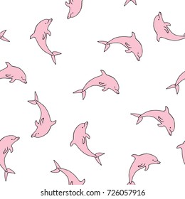 Seamless sea pattern made from hand drawn pink dolphins on white background. Vector illustration. 