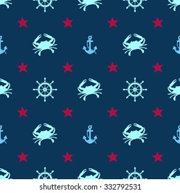 seamless sea pattern marine life - vector illustration. Crab, starfish, anchor and rudder