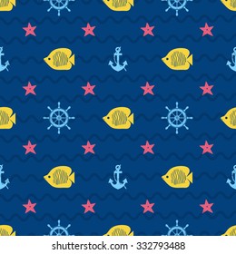 seamless sea pattern marine life - vector illustration. Fish, starfish, anchor and helm
