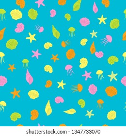 Seamless sea pattern in nautical-inspired design. Sea background with seashells, starfishes and jellyfishes. Blue ocean water wave. Vector seamless pattern with marine life