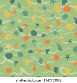Seamless sea pattern in nautical-inspired design. Sea background with seashells, starfishes and jellyfishes. Blue ocean water wave. Vector seamless pattern with marine life