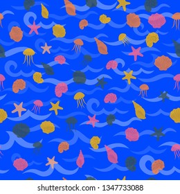 Seamless sea pattern in nautical-inspired design. Sea background with seashells, starfishes and jellyfishes. Blue ocean water wave. Vector seamless pattern with marine life