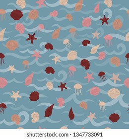 Seamless sea pattern in nautical-inspired design. Sea background with seashells, starfishes and jellyfishes. Blue ocean water wave. Vector seamless pattern with marine life